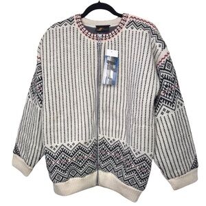Levandi Ivory Wool Zip Fair Isle Cardigan Sweater Jacket